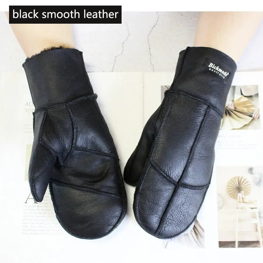 Sheepskin Leather Wool Mittens with Genuine Leather and Sheepskin Fur