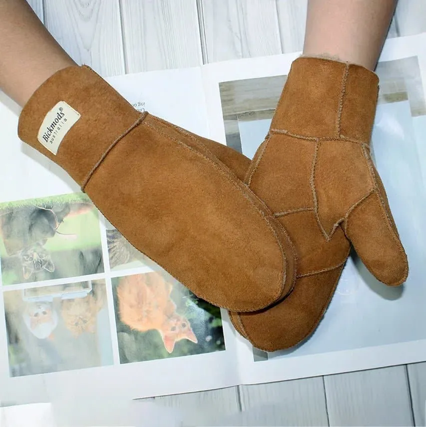 Sheepskin Leather Wool Mittens with Genuine Leather and Sheepskin Fur