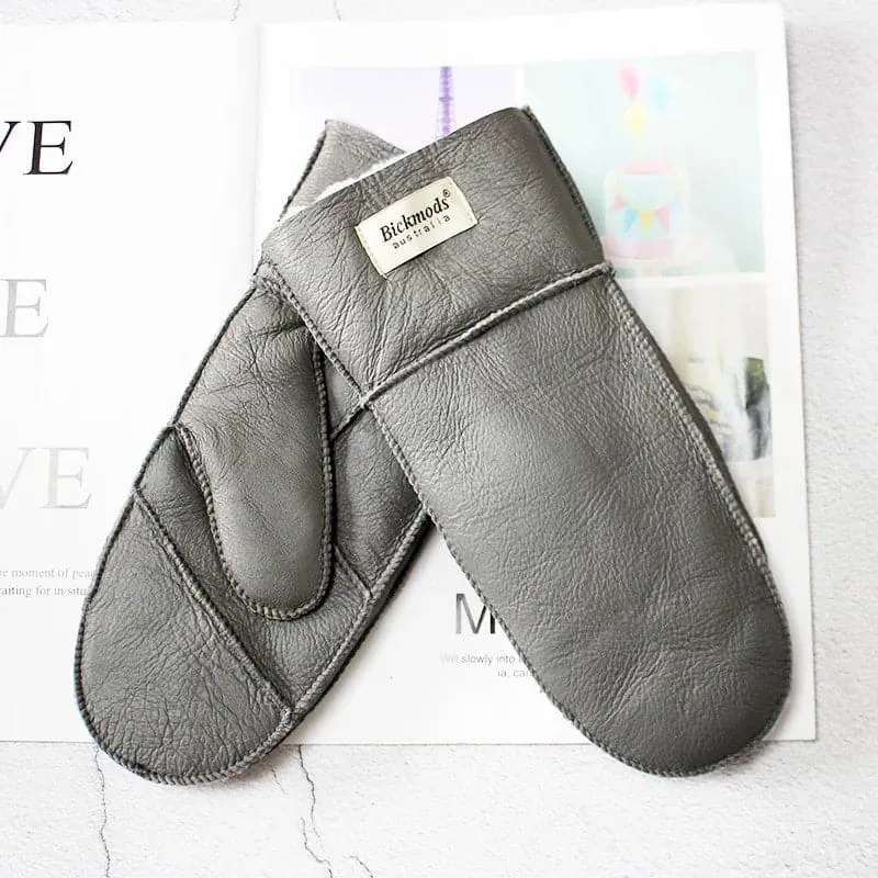 Sheepskin Leather Wool Mittens with Genuine Leather and Sheepskin Fur