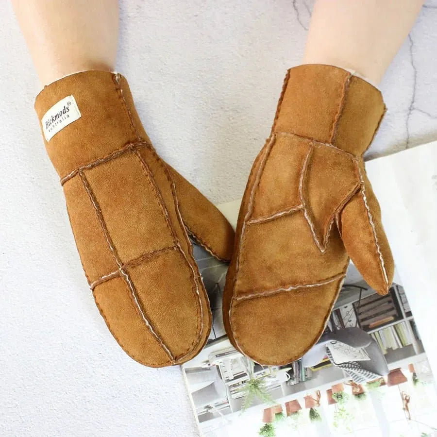 Sheepskin Leather Wool Mittens with Genuine Leather and Sheepskin Fur