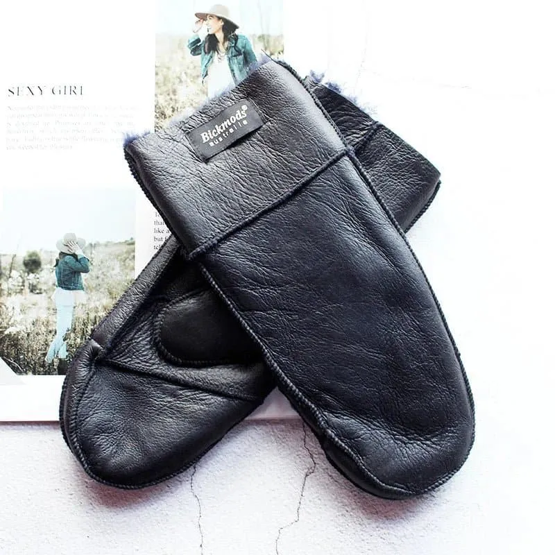 Sheepskin Leather Wool Mittens with Genuine Leather and Sheepskin Fur