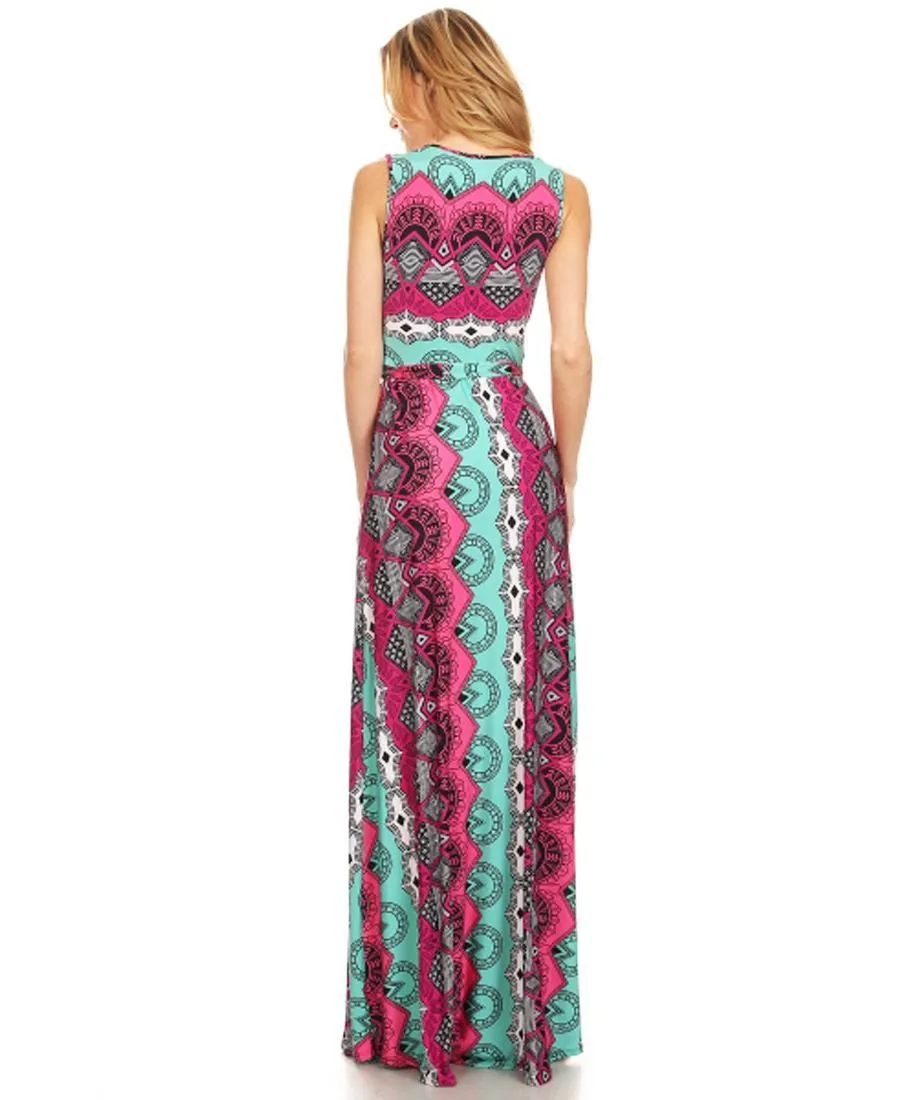 Sleeveless Paris Maxi Dress Retro Tribal Pink Teal