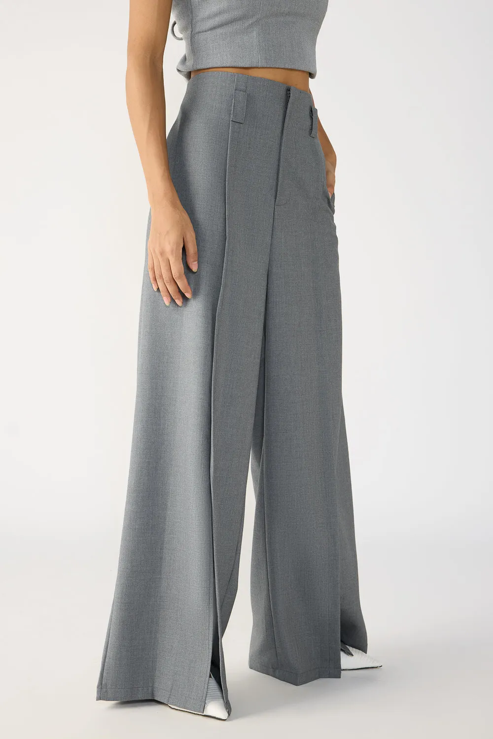 Slubbed Grey Front Slited Korean Pants