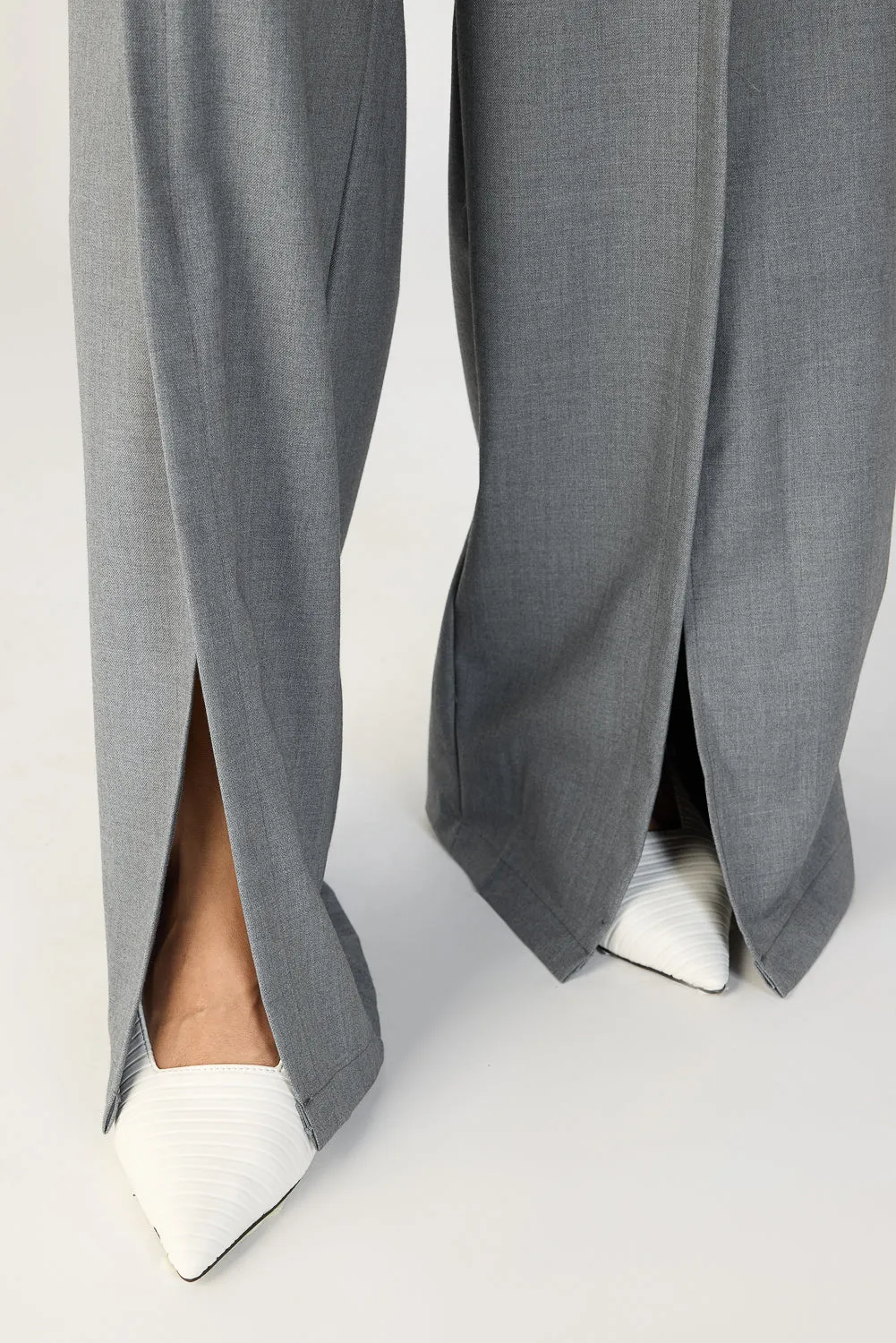 Slubbed Grey Front Slited Korean Pants