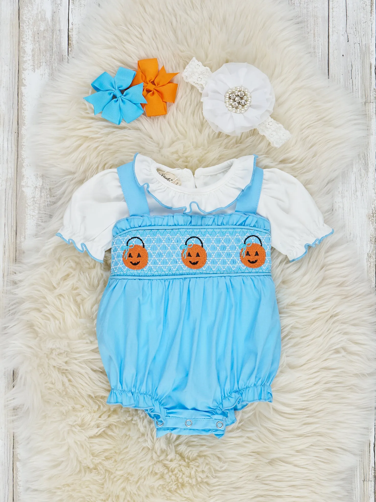 Smocked Pumpkin Pail Ruffle Overall Set