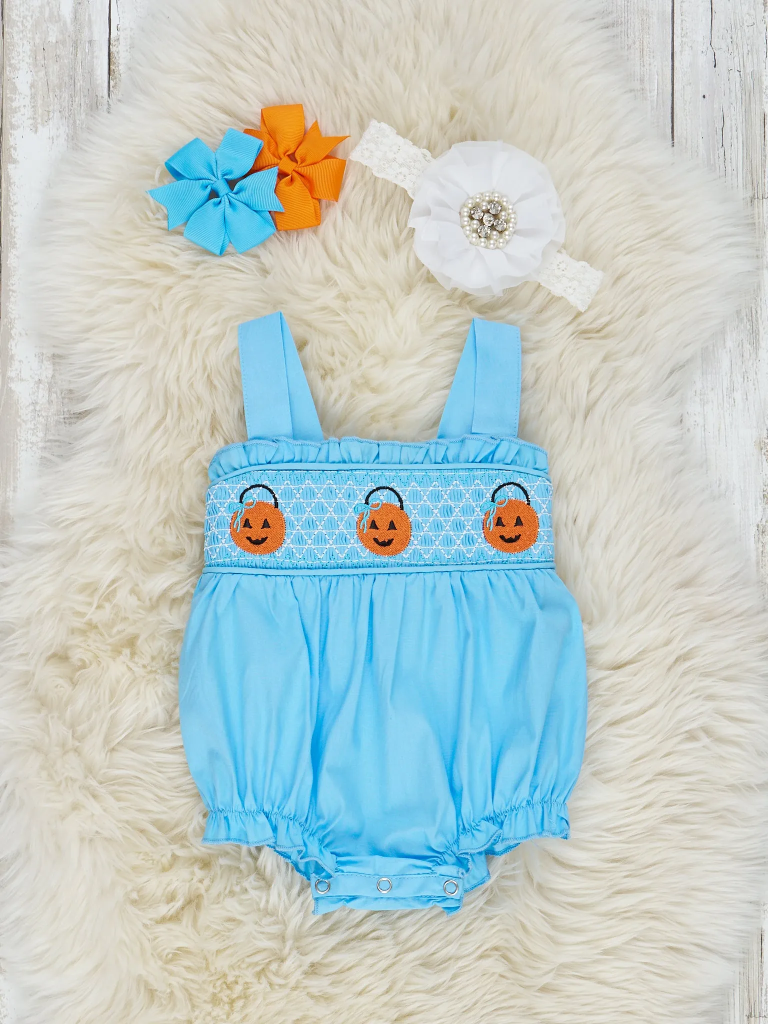 Smocked Pumpkin Pail Ruffle Overall Set