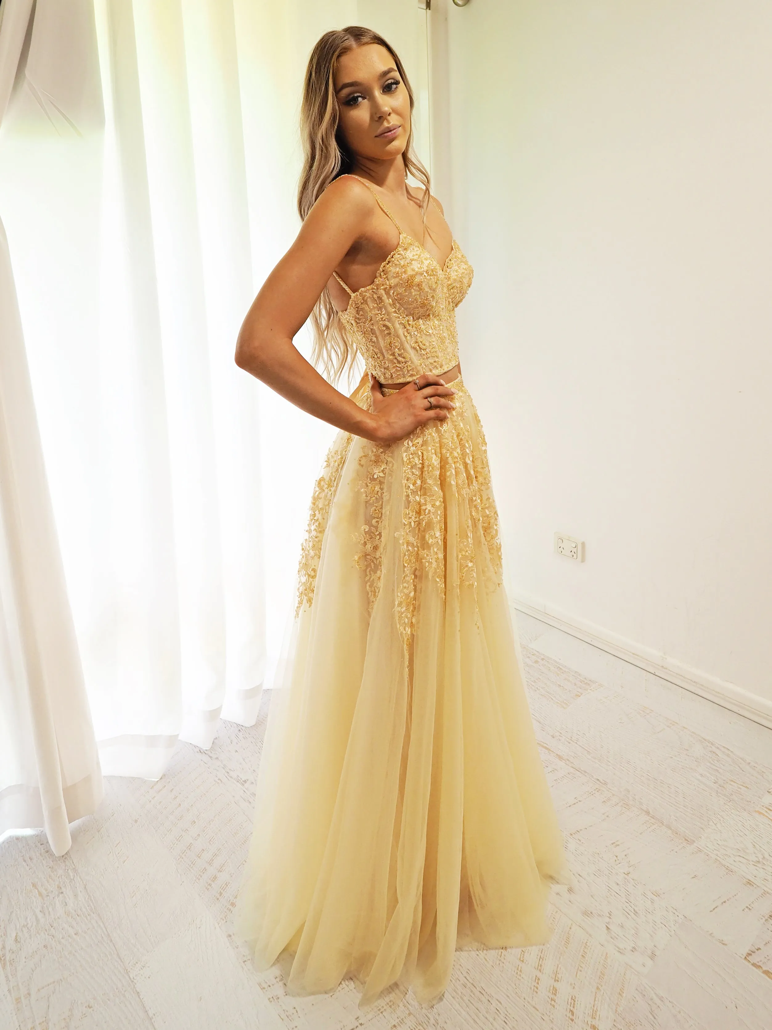 Sparkling Gold Lace Pattern Tulle Two Piece.