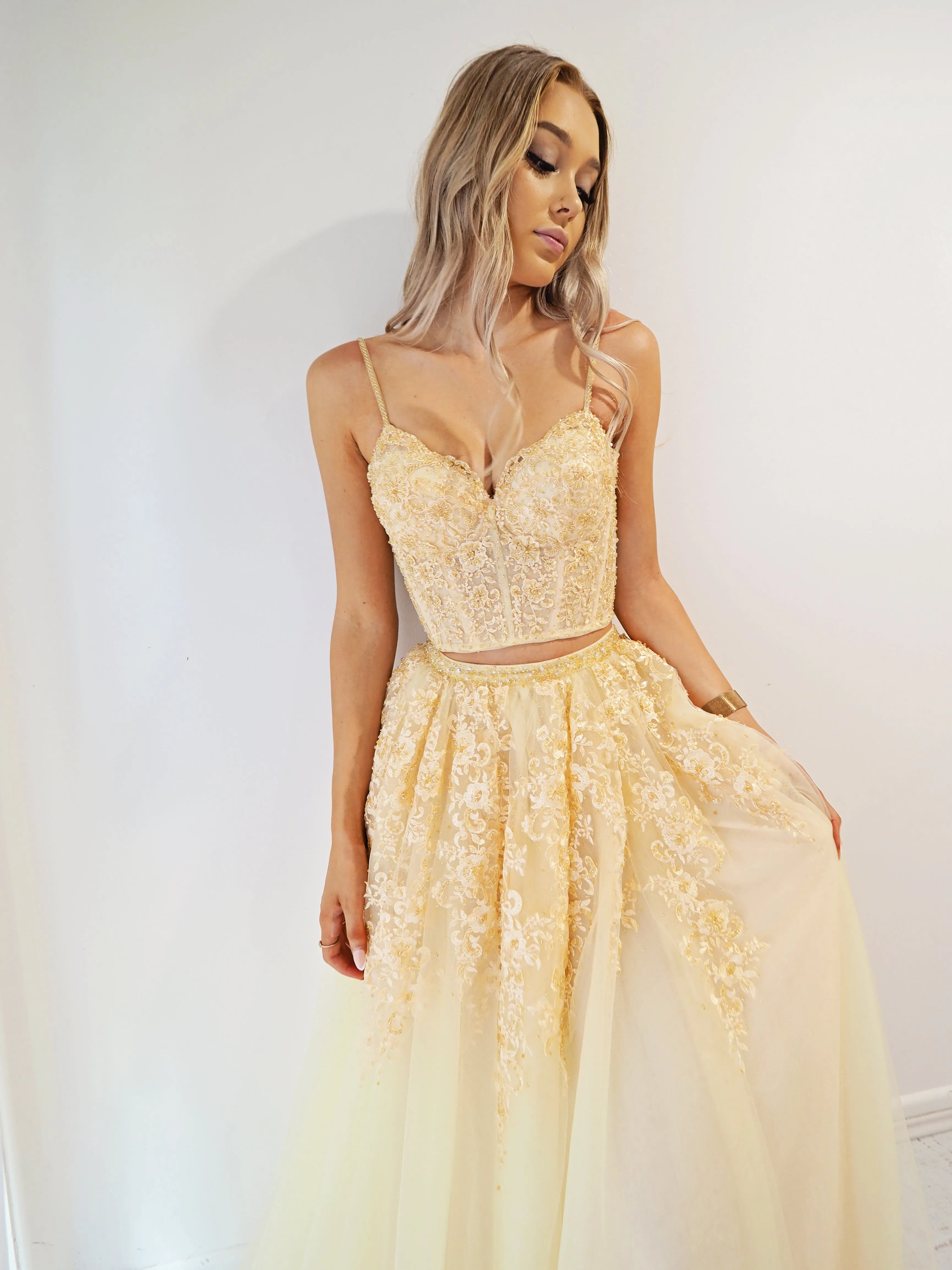 Sparkling Gold Lace Pattern Tulle Two Piece.