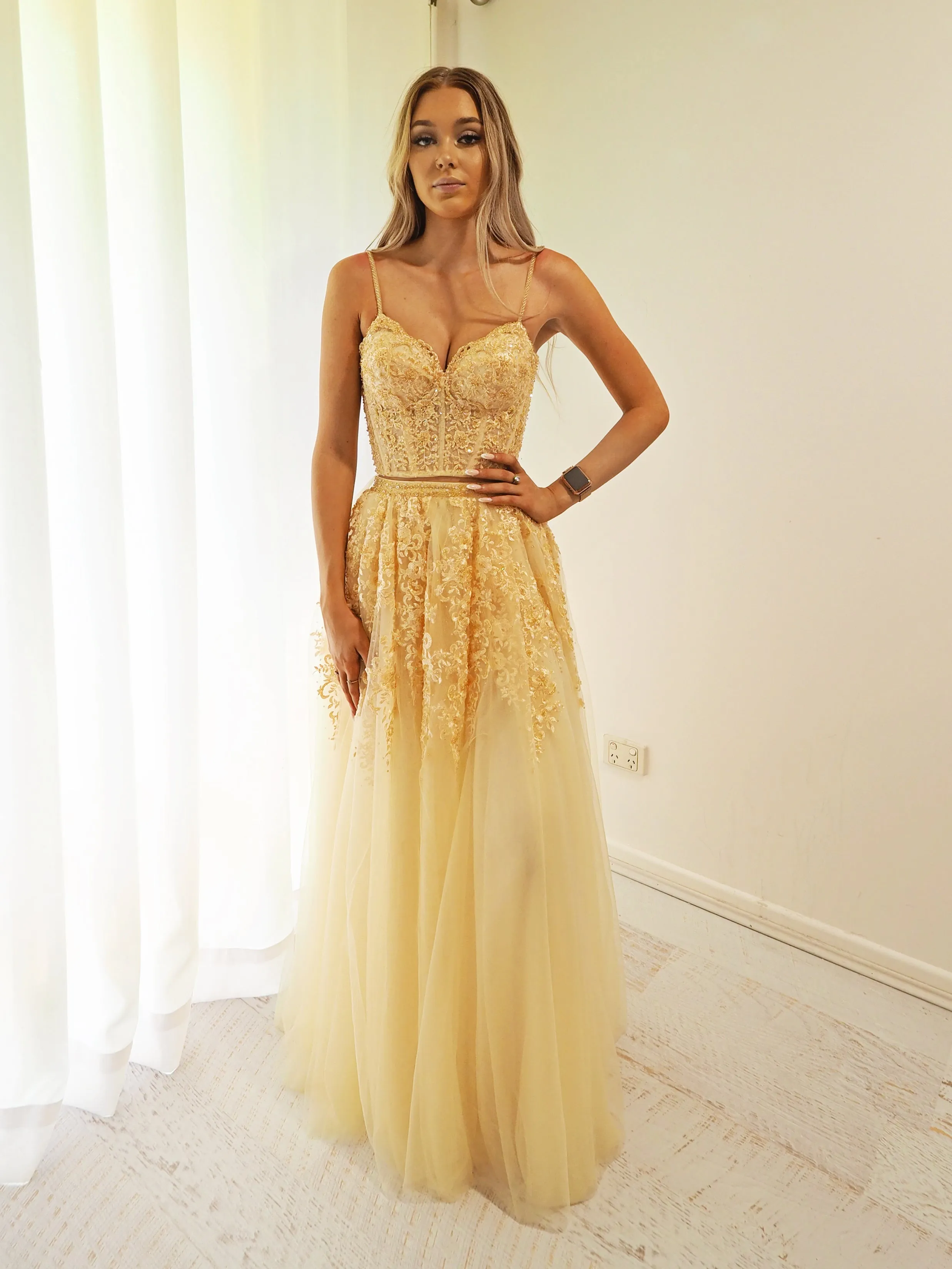 Sparkling Gold Lace Pattern Tulle Two Piece.