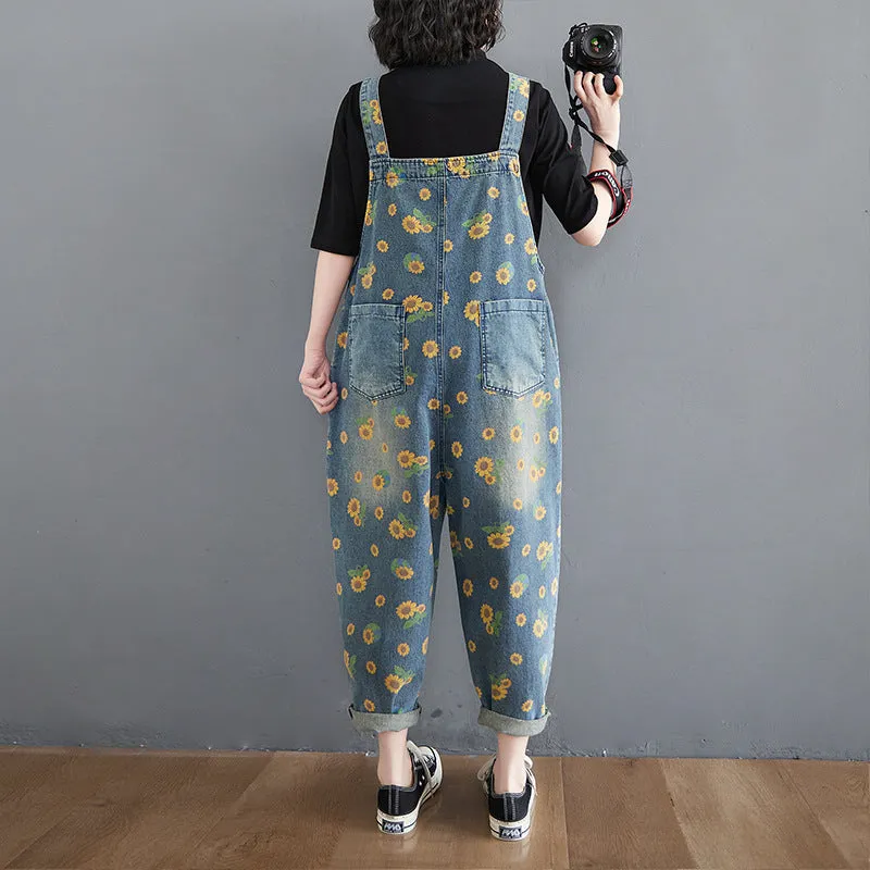 Sunflowers Print Denim Loose Overalls