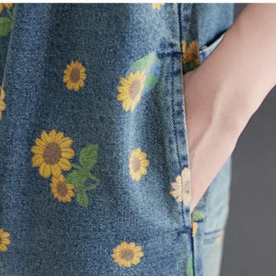 Sunflowers Print Denim Loose Overalls