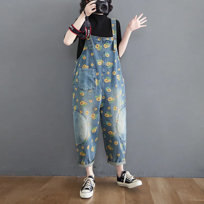 Sunflowers Print Denim Loose Overalls