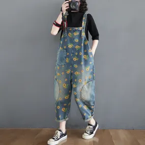 Sunflowers Print Denim Loose Overalls