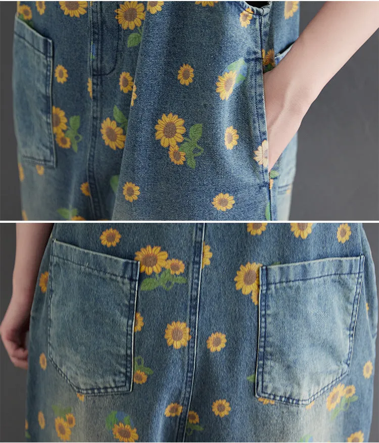 Sunflowers Print Denim Loose Overalls