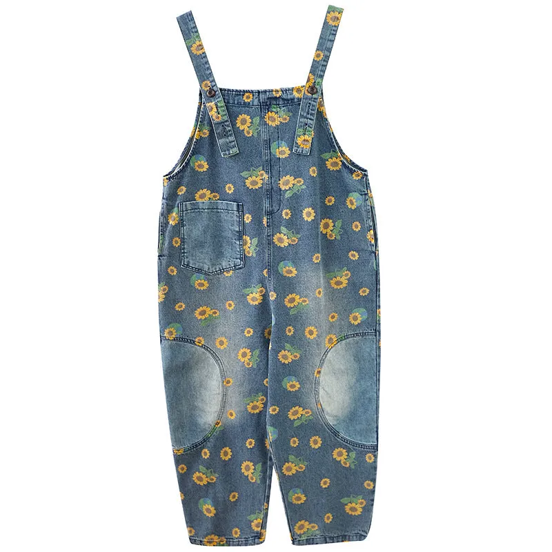 Sunflowers Print Denim Loose Overalls