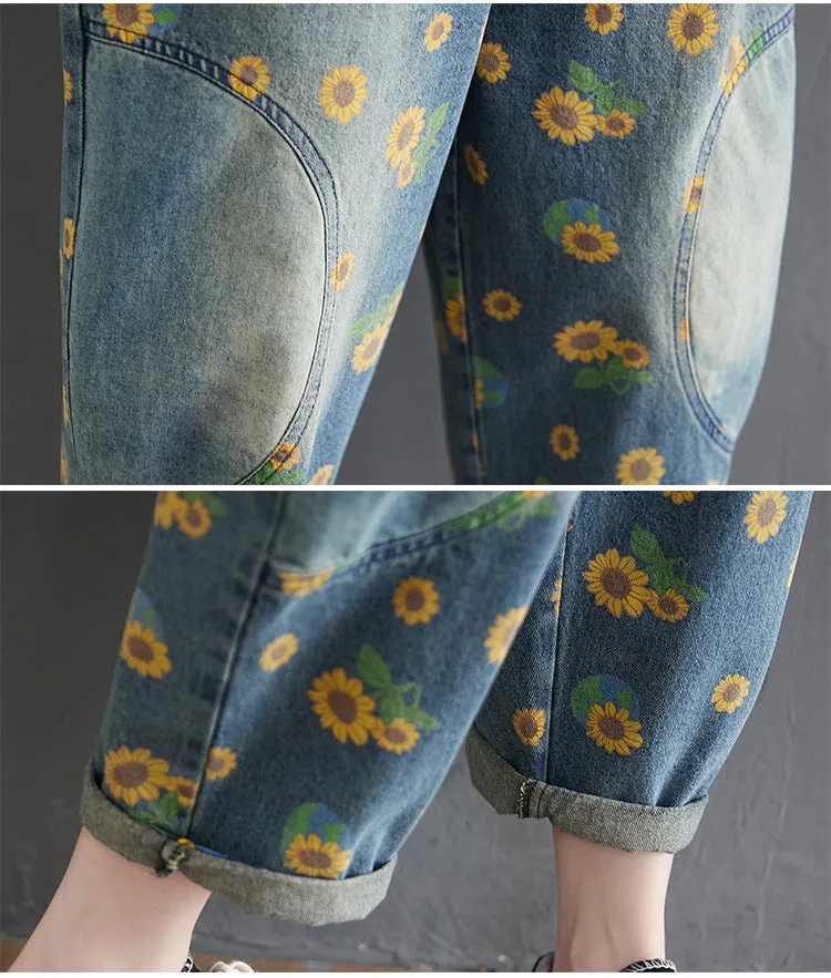 Sunflowers Print Denim Loose Overalls