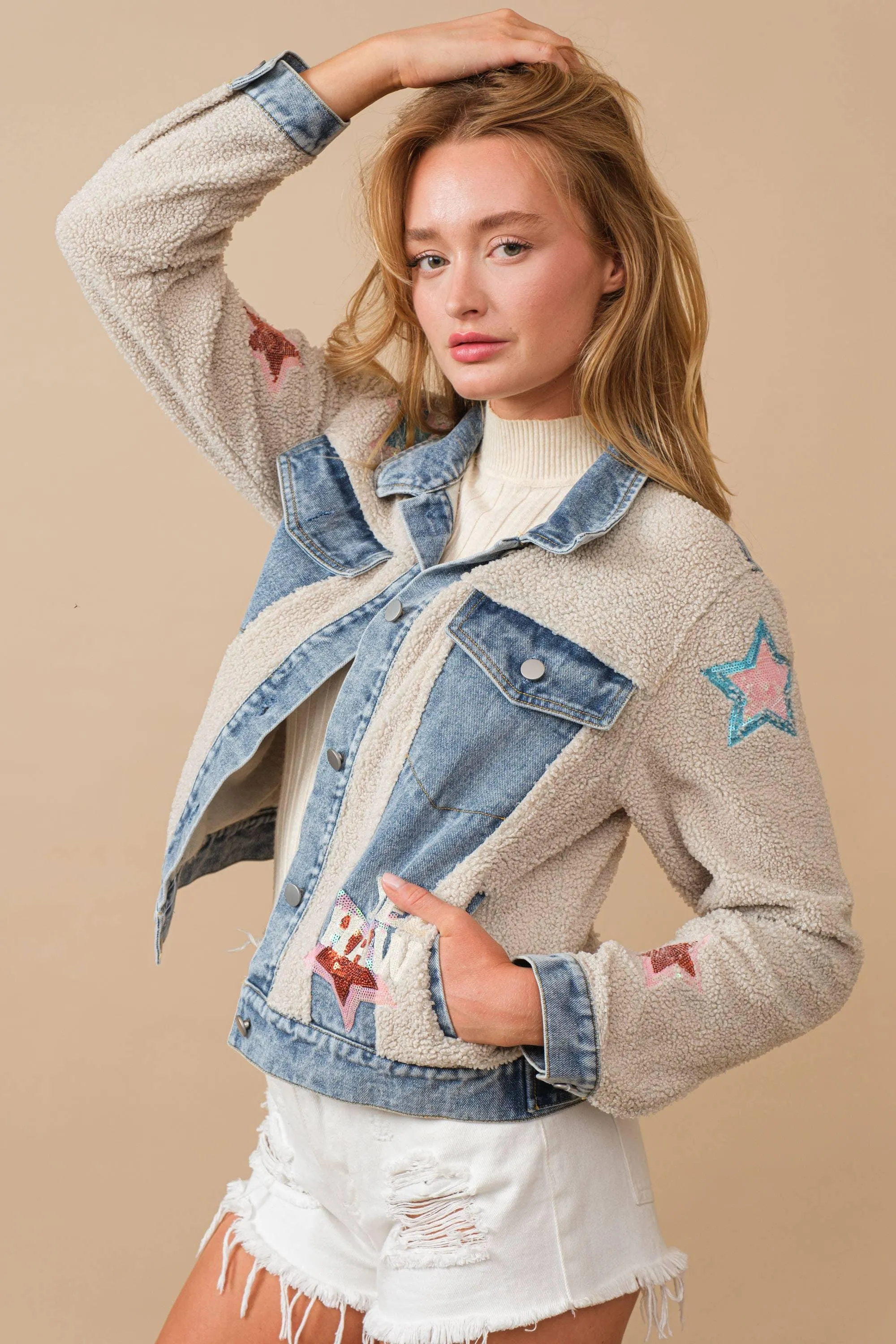 Teddy Denim Contrast Yee Haw Sequin Star Jacket