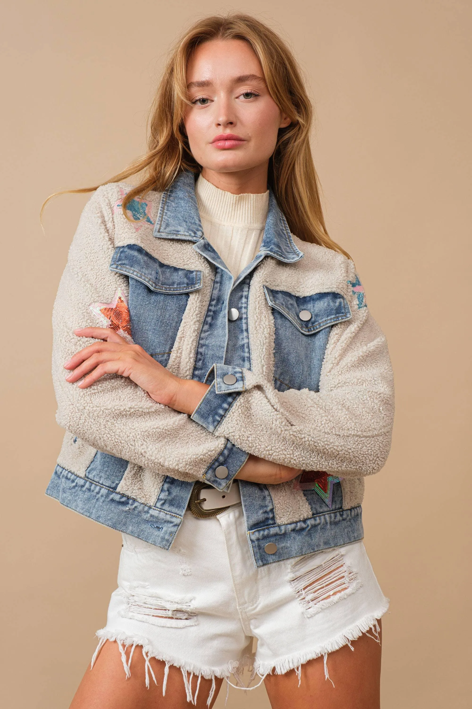 Teddy Denim Contrast Yee Haw Sequin Star Jacket