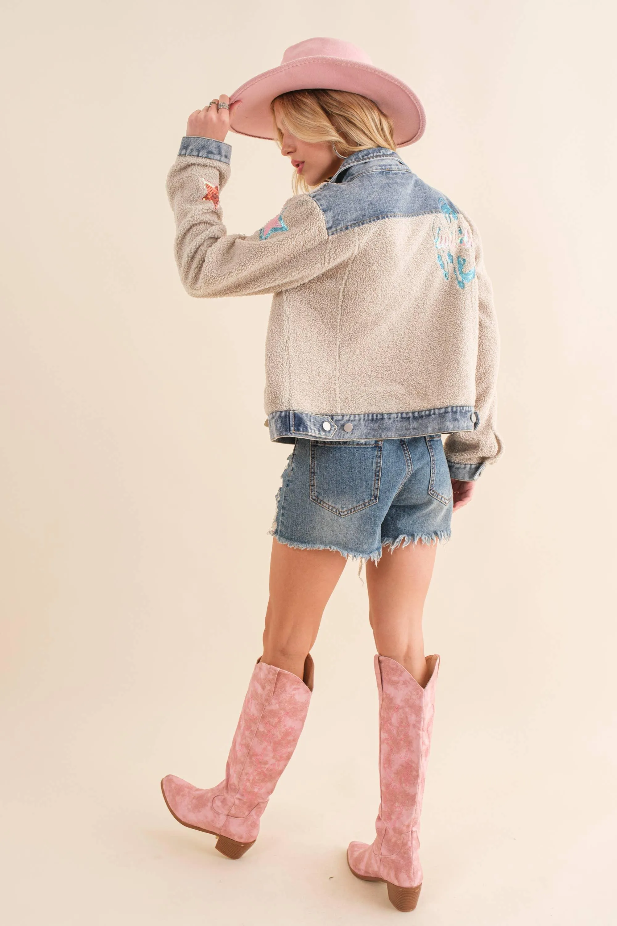 Teddy Denim Contrast Yee Haw Sequin Star Jacket