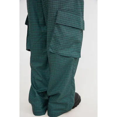 THELIGHT women's loose wide leg work pants plaid green high street camping pants