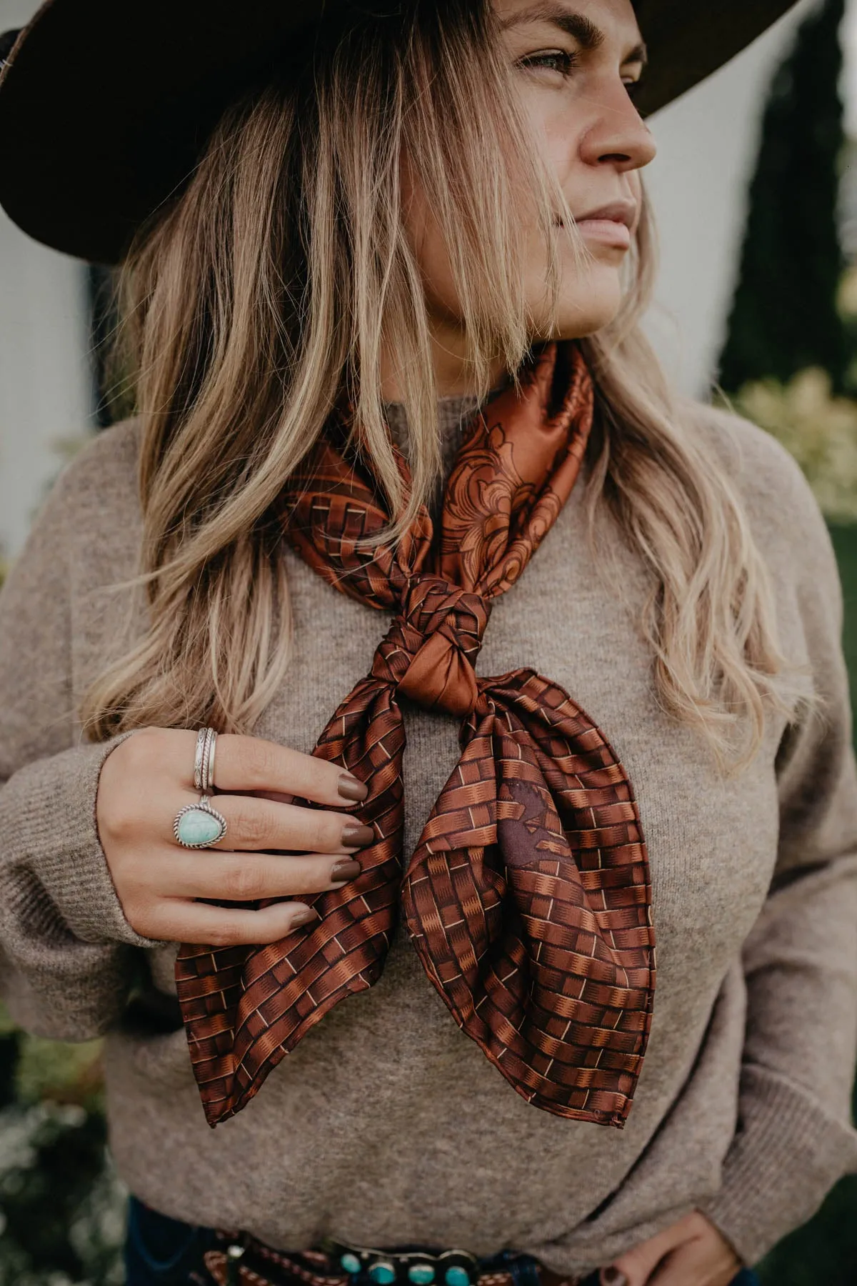 'Tooled Leather' Brown Silk Wild Rag