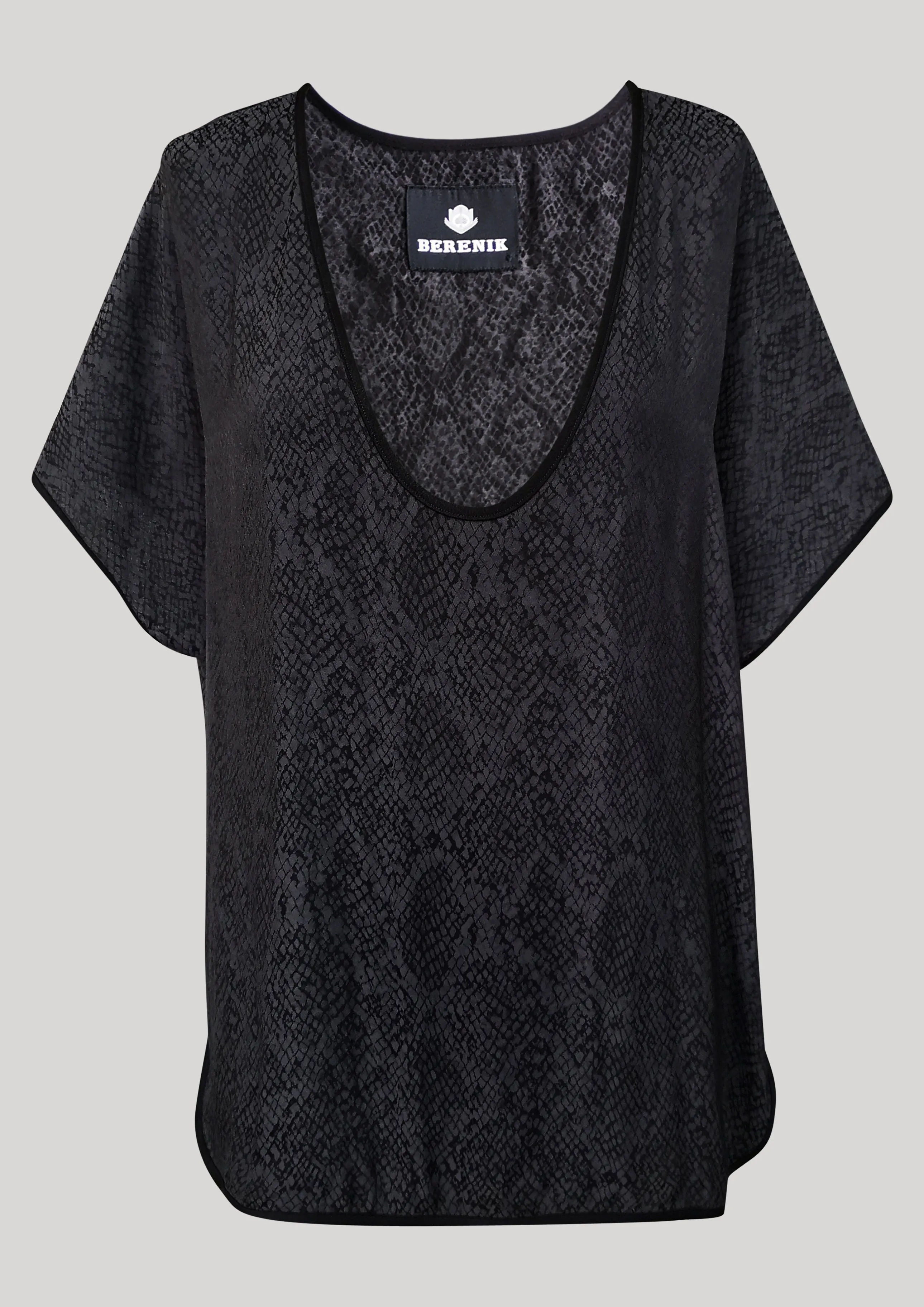 TOP SHORT SLEEVES WIDE - JACQUARD SATIN snake print black/dark grey