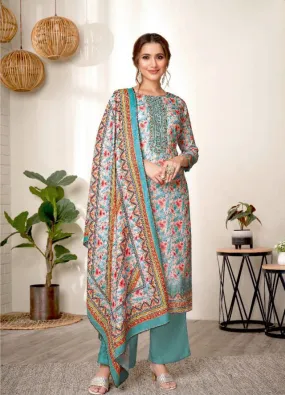 Unstitched Pashmina With Embroidery Blue Winter Suit