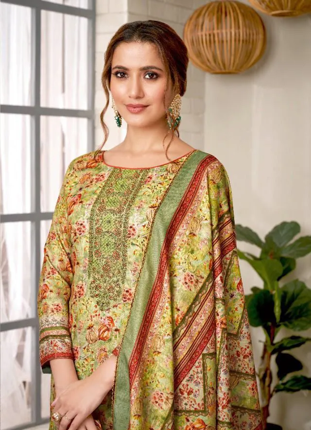 Unstitched Pashmina With Embroidery Green Winter Suit