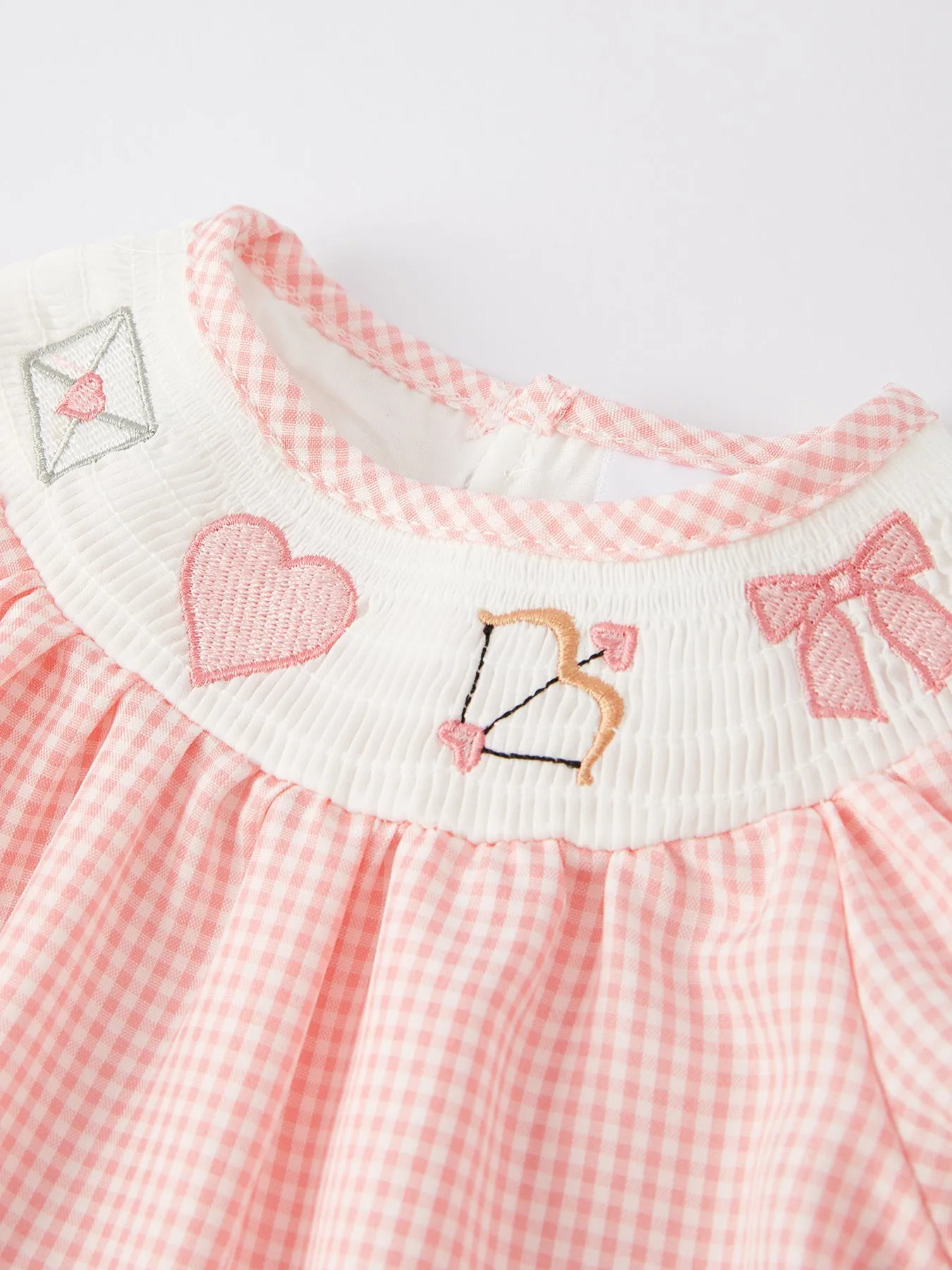 Valentine's Day Letter Heart Bow Arrow Smocking Embroidery Girls Romper