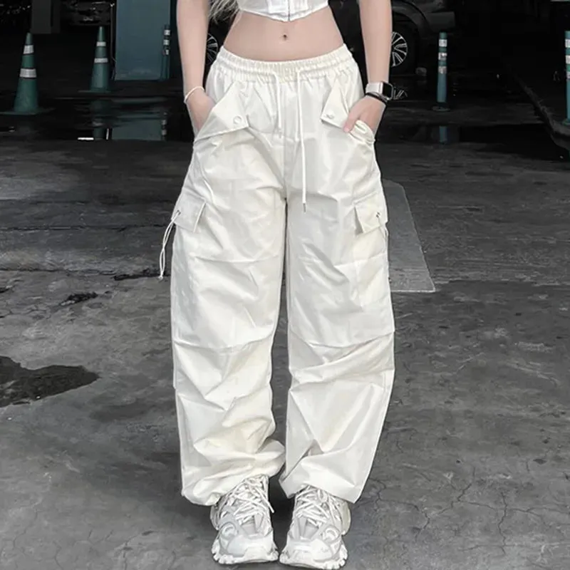 Vevesc  Big Pockets Cargo Wide Leg Pants Casual Low-Waisted Cargo Pants Women 2024 Autumn Spring Fashion Streetwear Lady