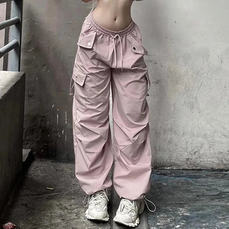 Vevesc  Big Pockets Cargo Wide Leg Pants Casual Low-Waisted Cargo Pants Women 2024 Autumn Spring Fashion Streetwear Lady