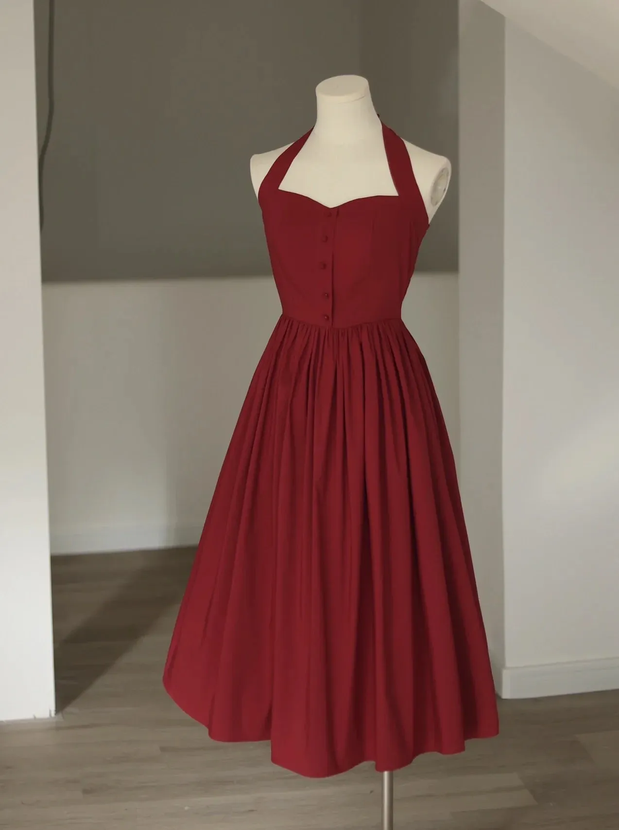 Vintage Burgundy Halter Neck 50s Swing Dress