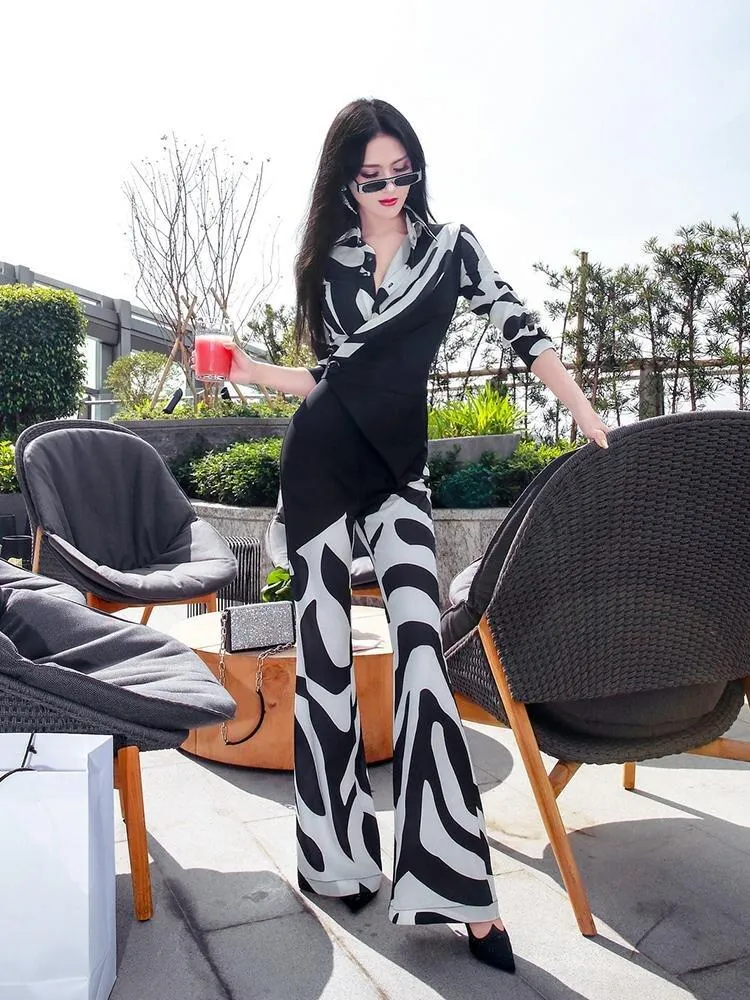 VJE Spring Shirt Collar Jumpsuit Black and White Printed Zebra Pattern Long Sleeve  Jumpsuit - Nala