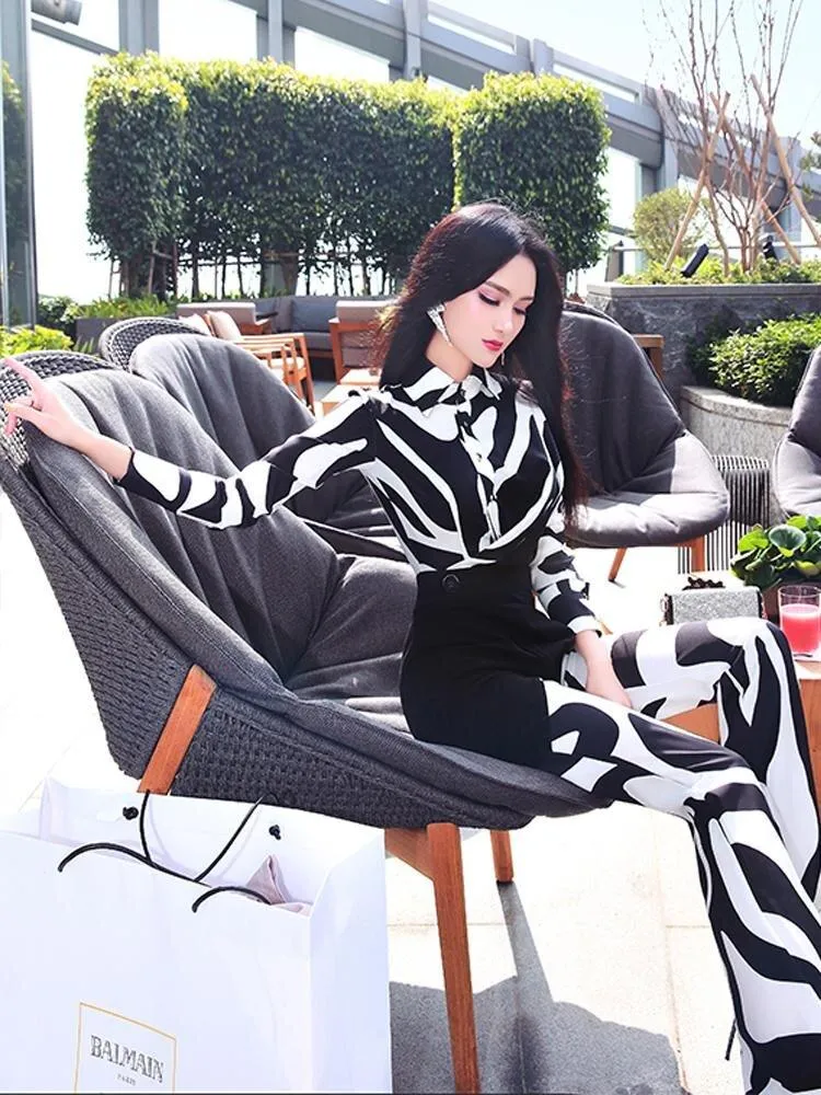 VJE Spring Shirt Collar Jumpsuit Black and White Printed Zebra Pattern Long Sleeve  Jumpsuit - Nala