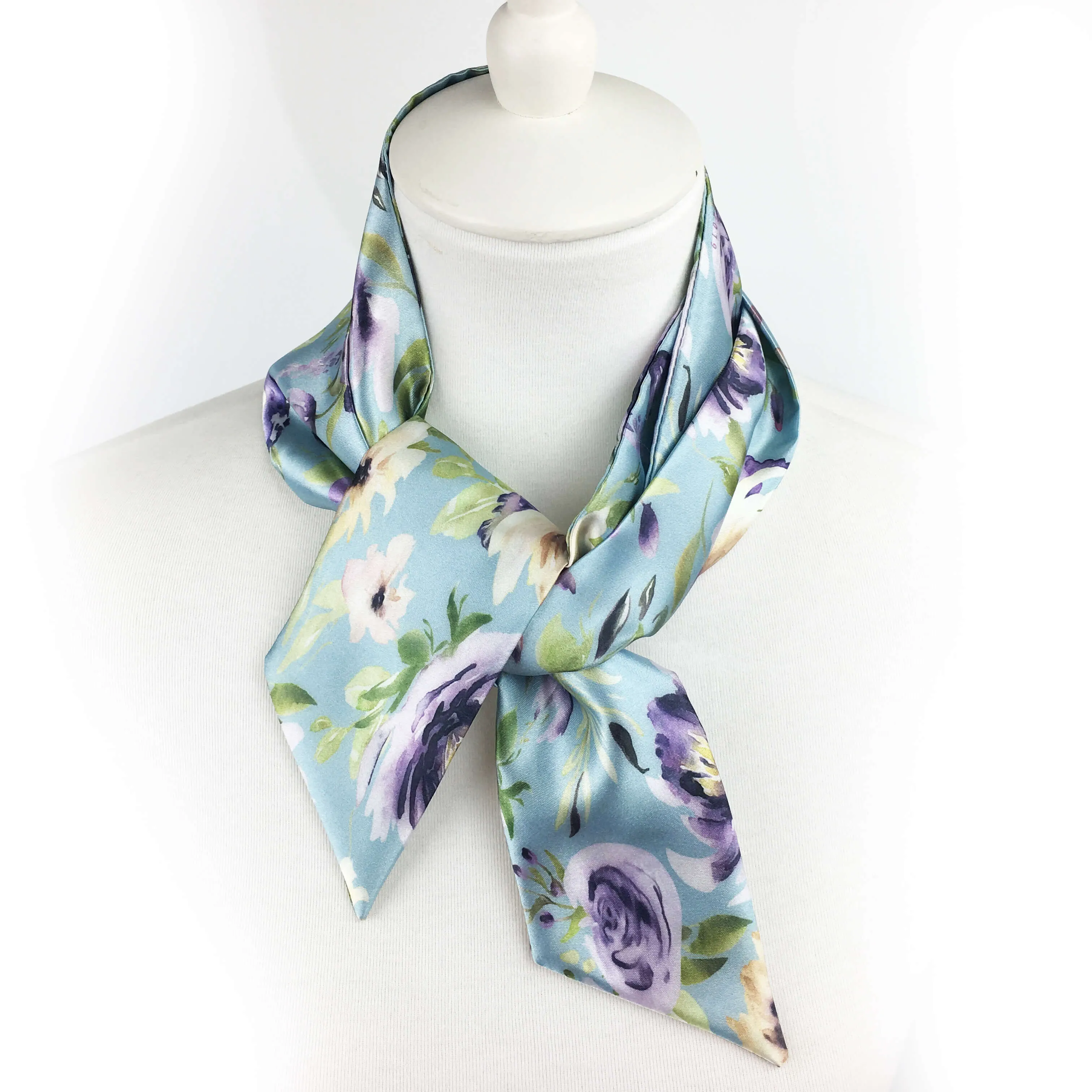 Watercolor Mixed Floral Skinny Scarf on Turquoise