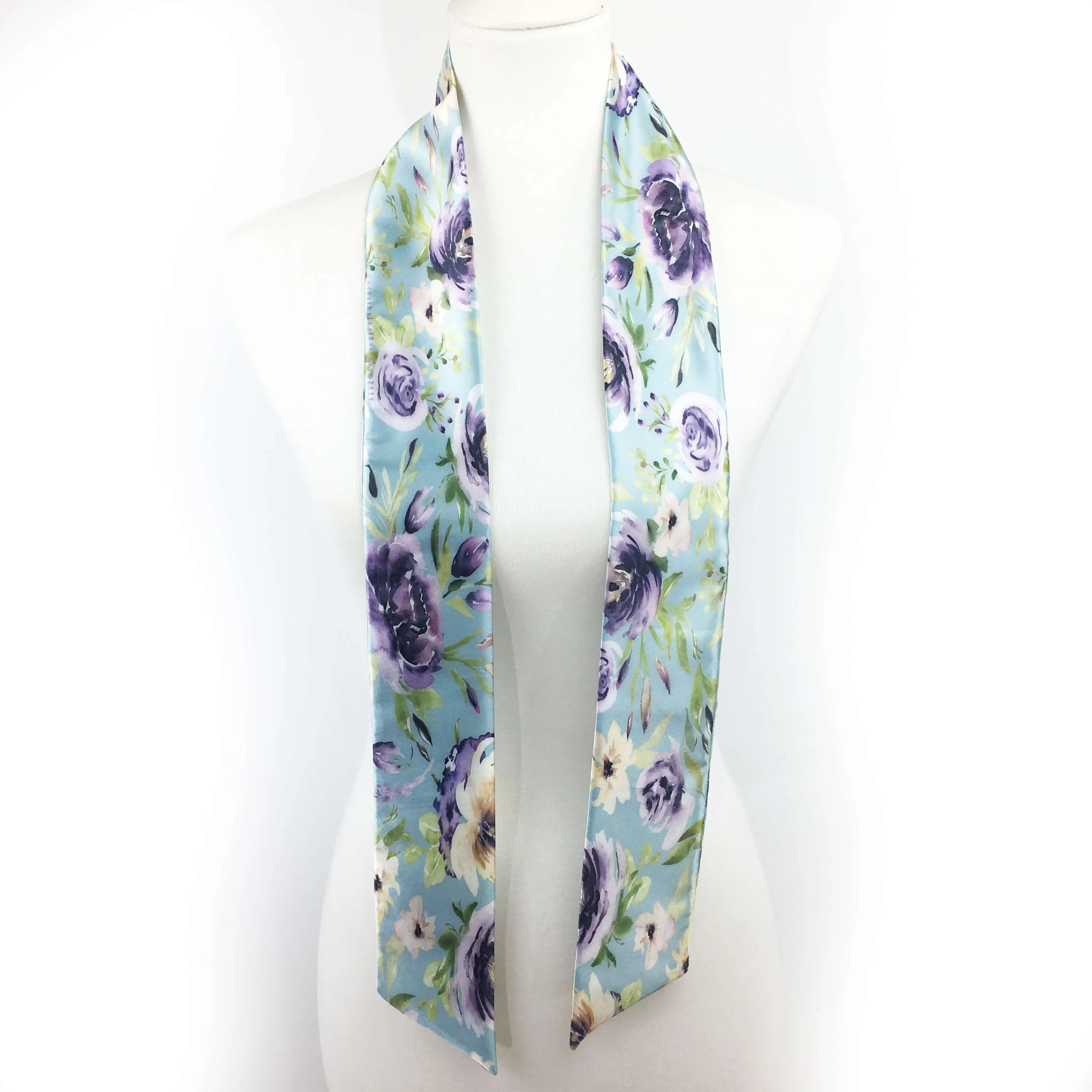 Watercolor Mixed Floral Skinny Scarf on Turquoise