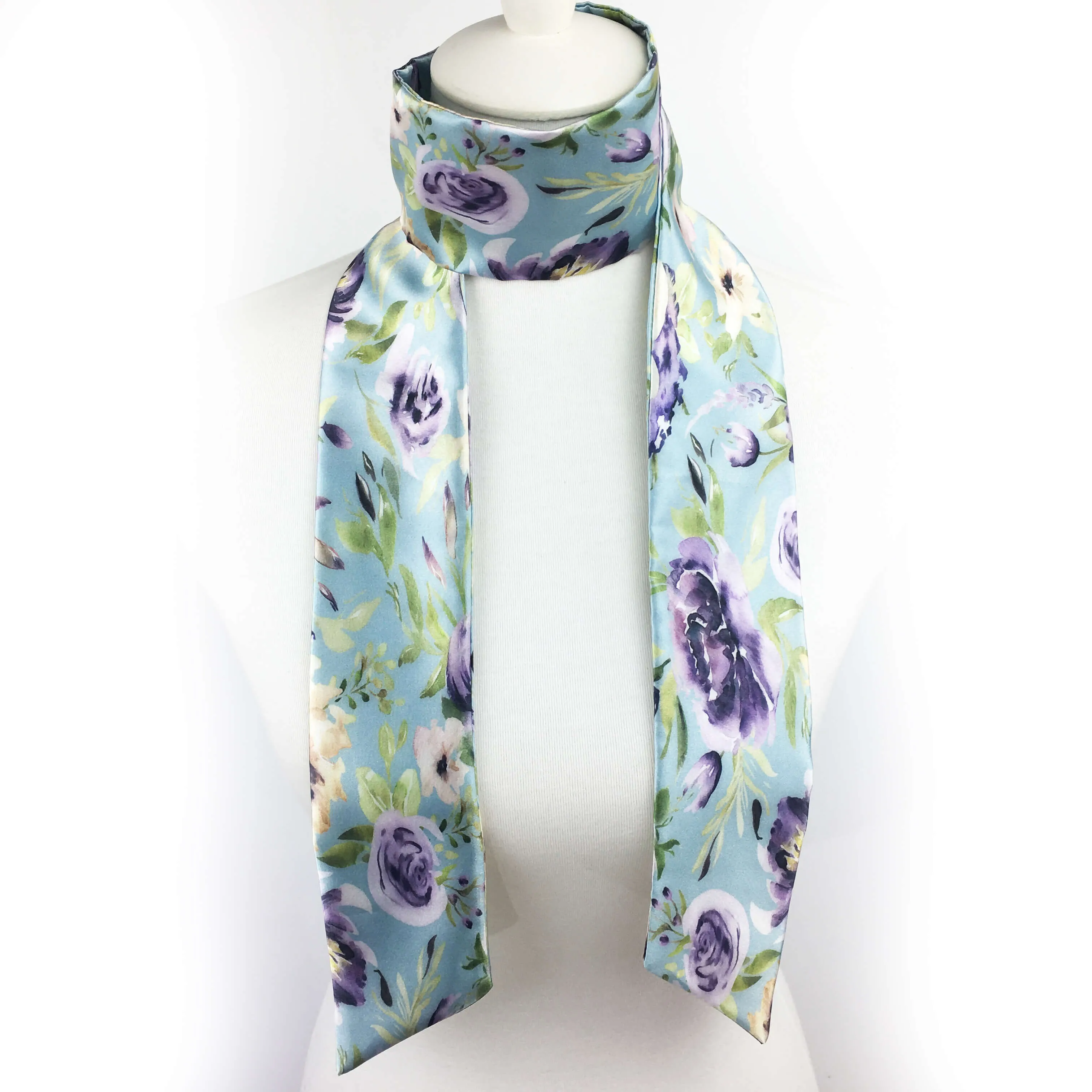 Watercolor Mixed Floral Skinny Scarf on Turquoise