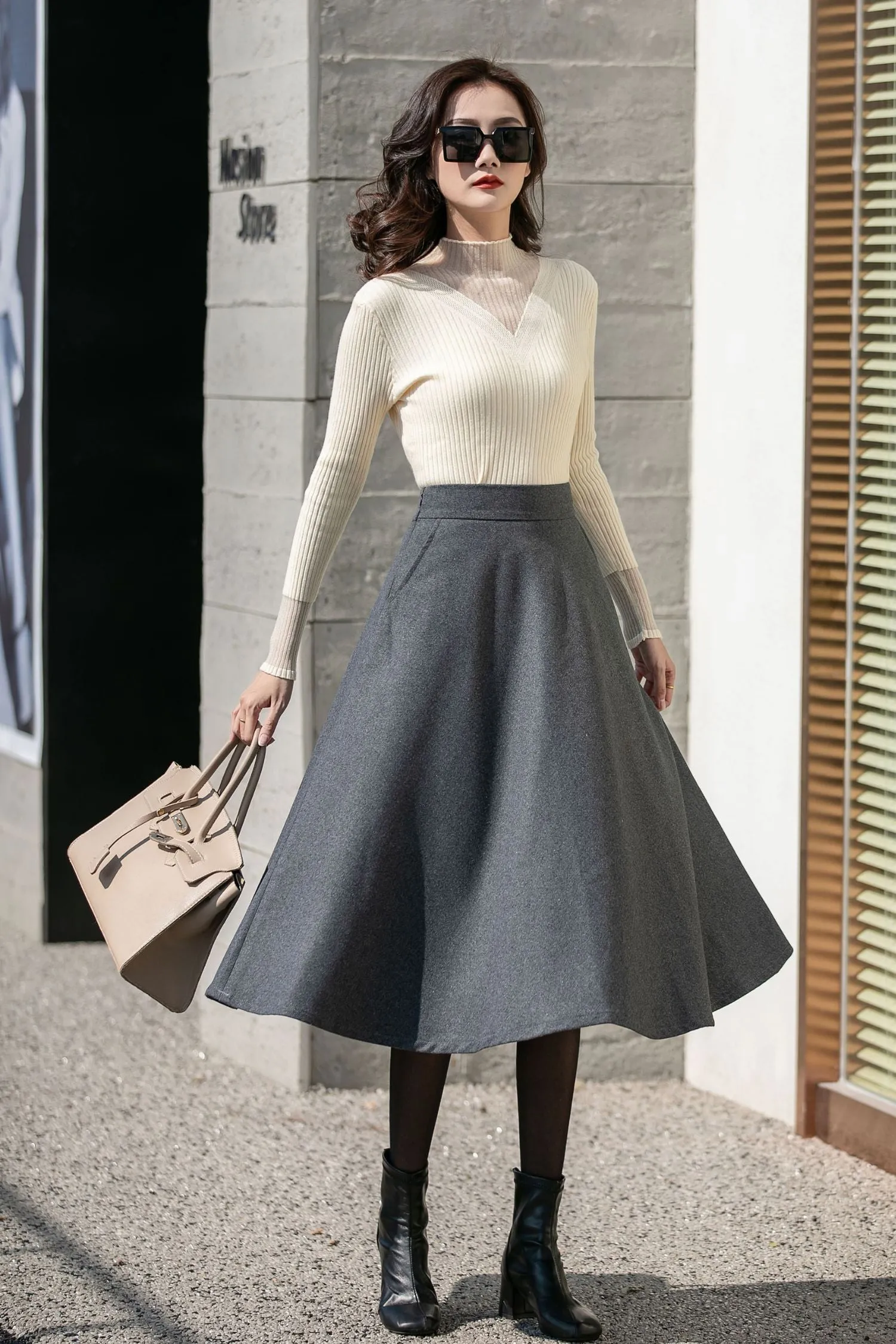 Winter Gray Midi Wool Skirt 4130