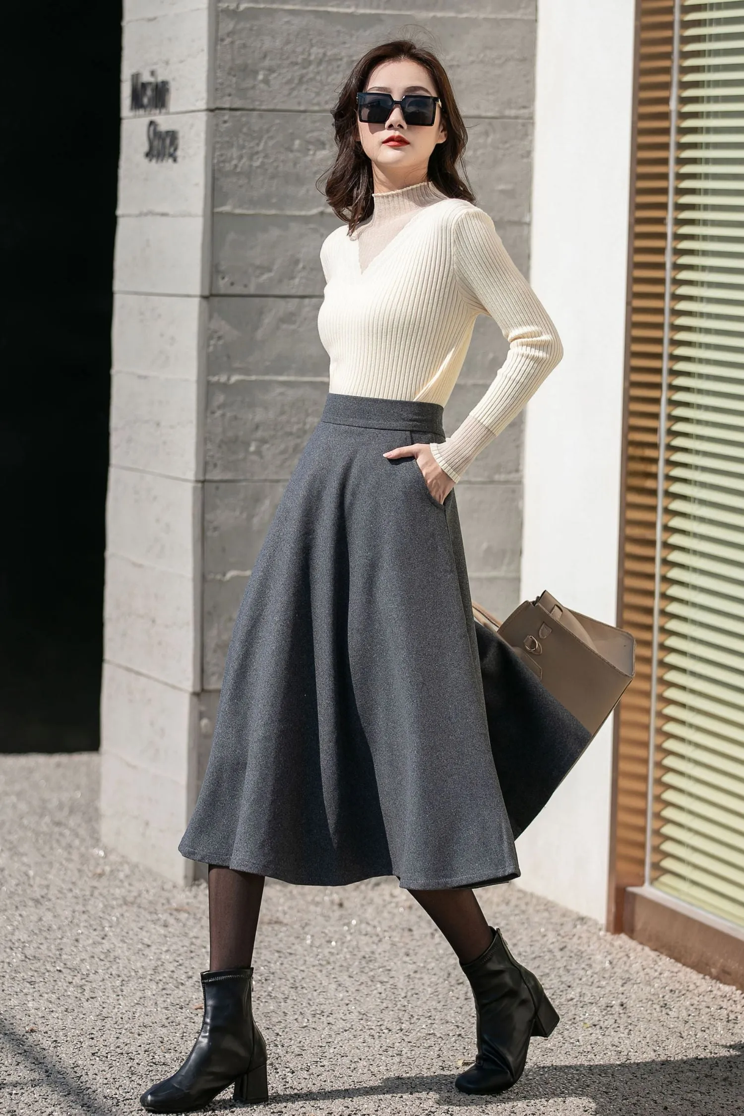 Winter Gray Midi Wool Skirt 4130