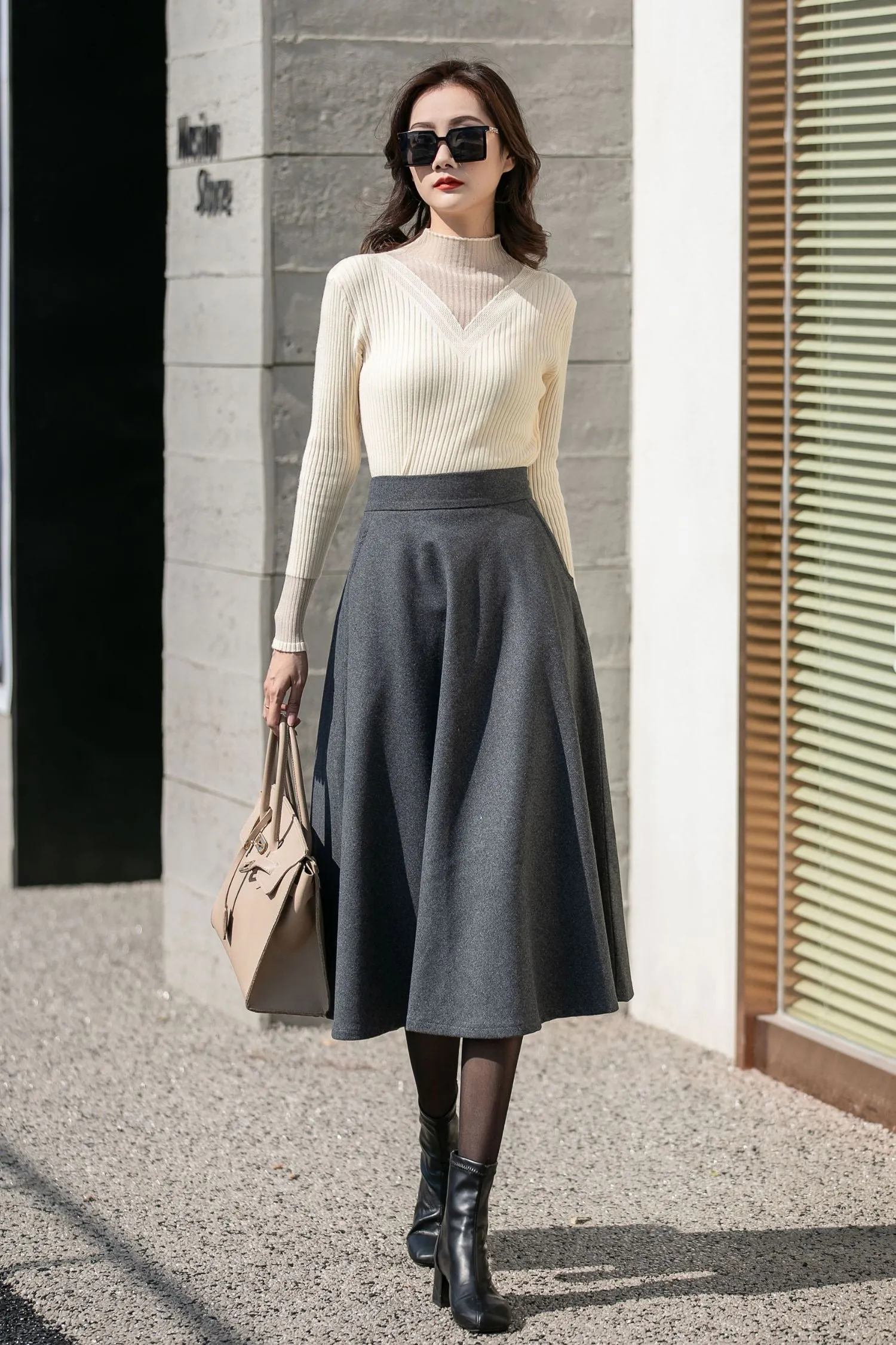 Winter Gray Midi Wool Skirt 4130