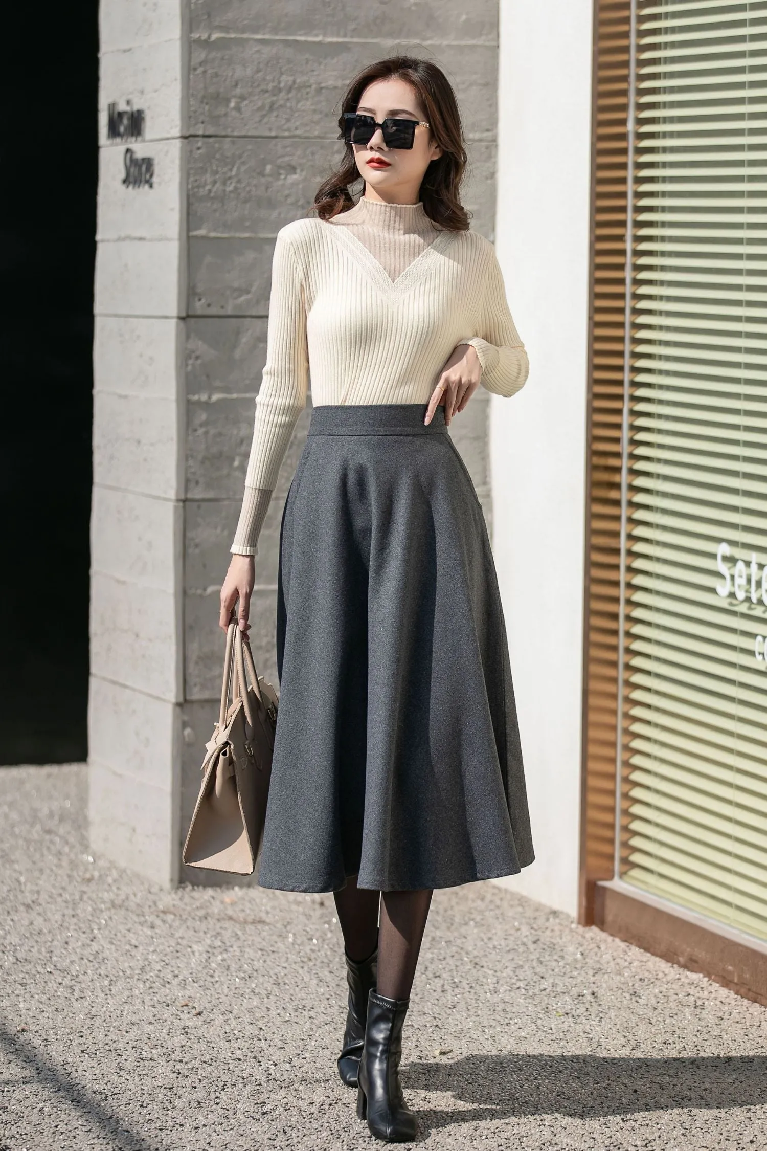 Winter Gray Midi Wool Skirt 4130