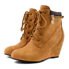 Women ankle zipper lace up high heel wedge boots