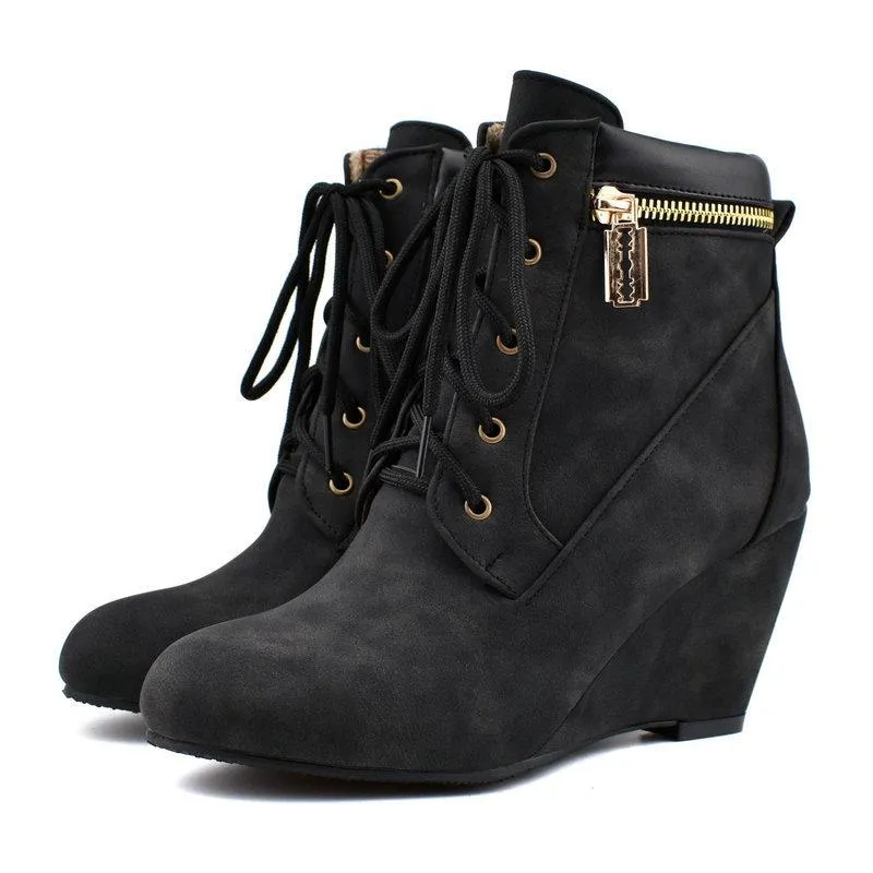 Women ankle zipper lace up high heel wedge boots