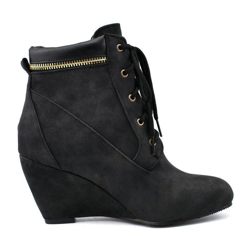 Women ankle zipper lace up high heel wedge boots