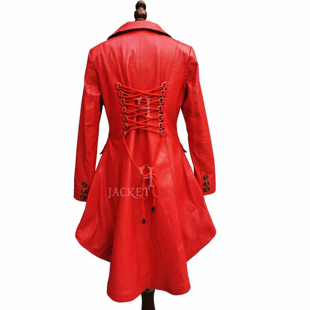 Women Double Breast Military Red Leather Coat