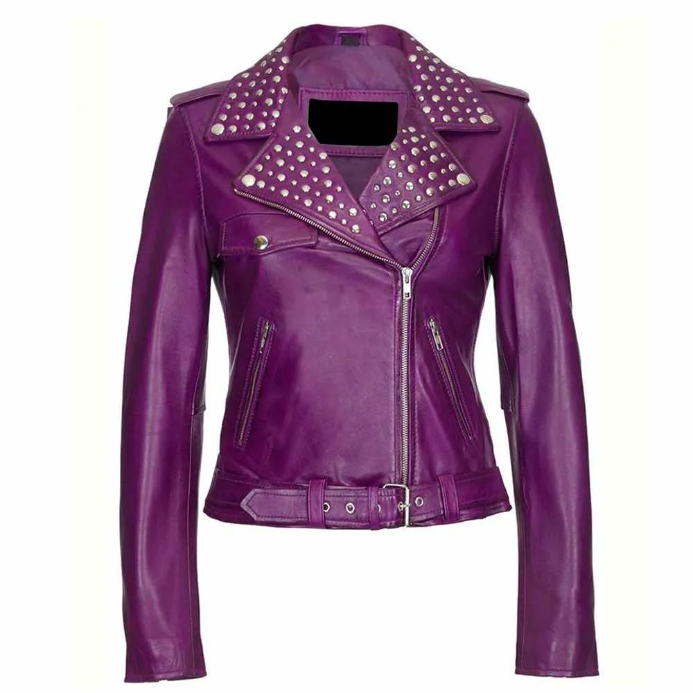 Women Purple Leather Studded Jacket