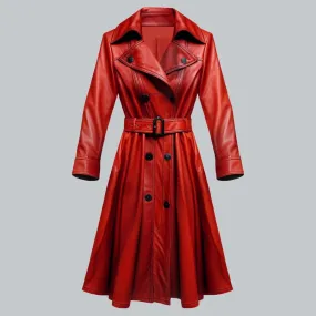 Women Red Vintage Leather Coat