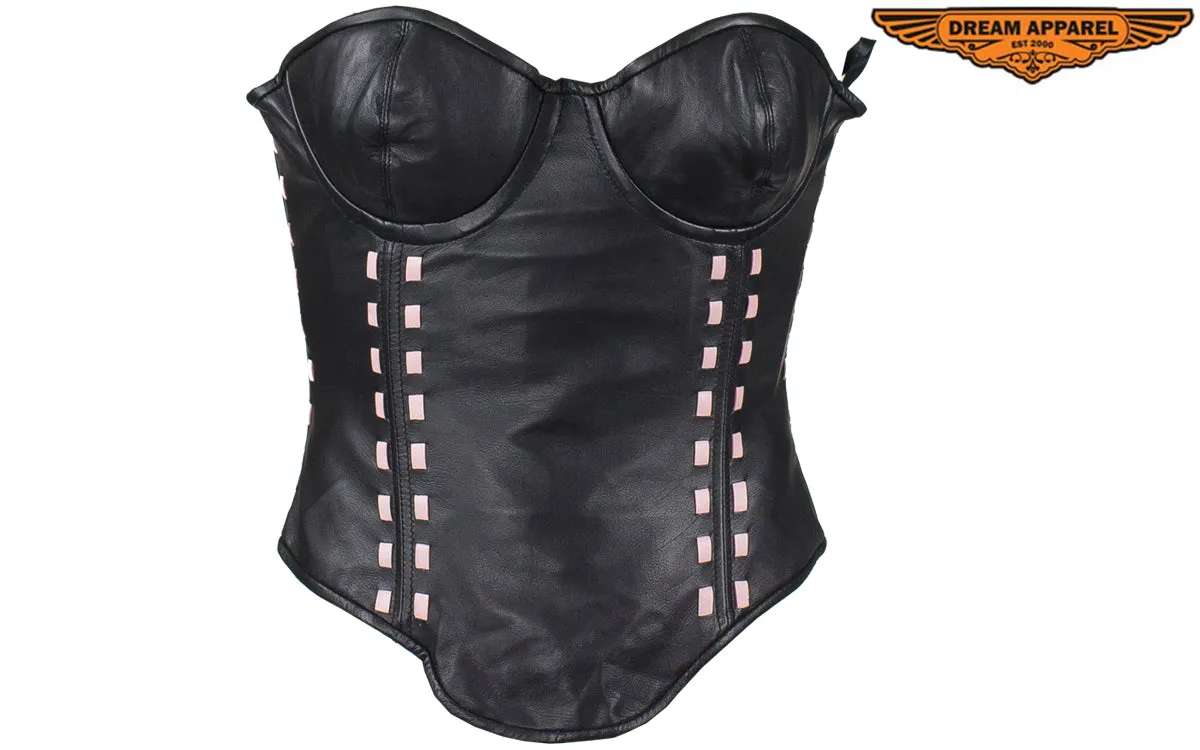 Women's Black Leather Corset with Bra Cups