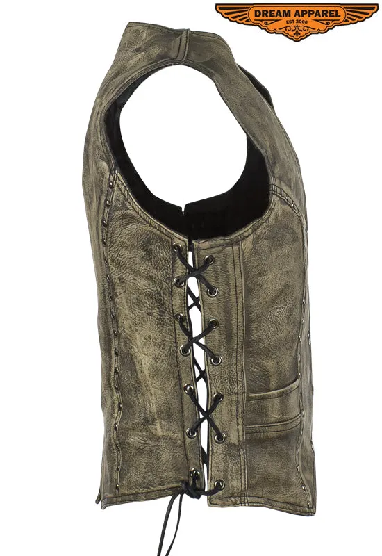 Women's Distressed Brown Leather Motorcycle Studded Vest