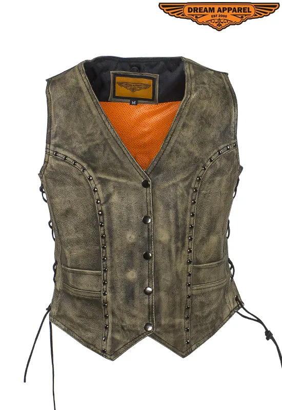 Women's Distressed Brown Leather Motorcycle Studded Vest